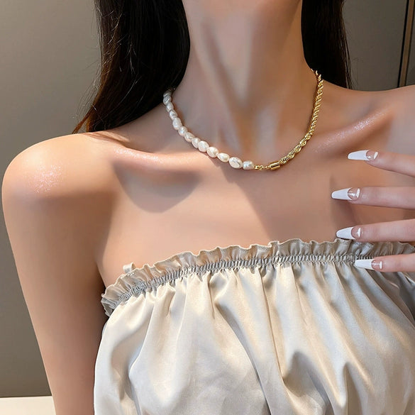 Freshwater Pearl Clavicle Chain Geometric Twist Chain Necklace For Women