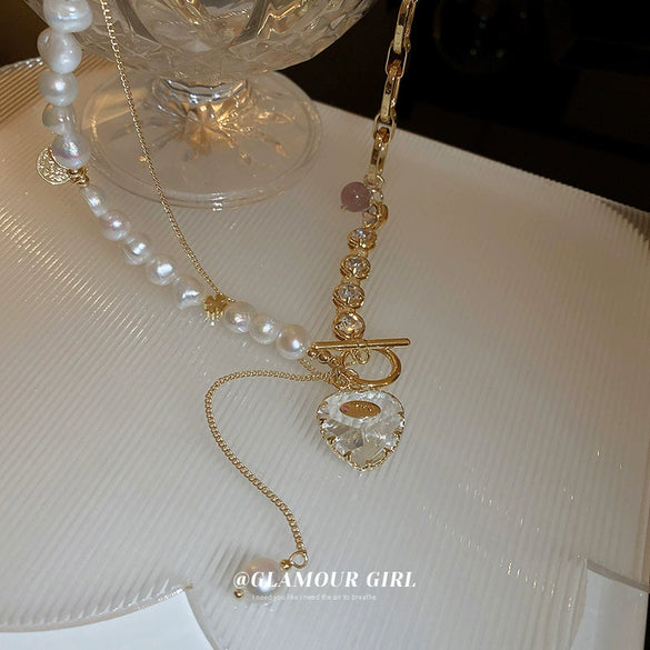 Freshwater Pearl Copper Heart Shaped Love Pendant Tshaped Buckle Stitching Retro Clavicle Chain Necklace