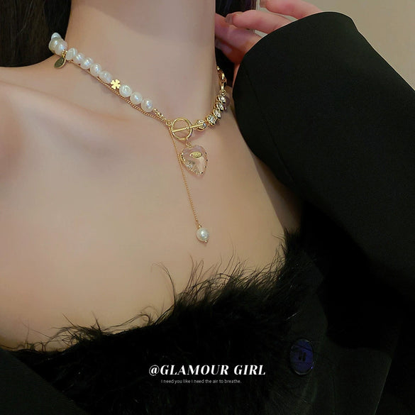 Freshwater Pearl Copper Heart Shaped Love Pendant Tshaped Buckle Stitching Retro Clavicle Chain Necklace
