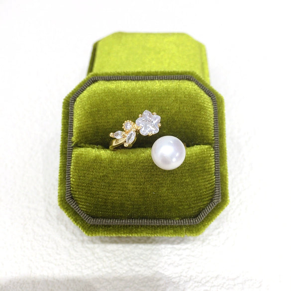 Freshwater Pearl Copper Ring With Floret Zircon And Flash Diamond Fashionable And Adjustable For Women