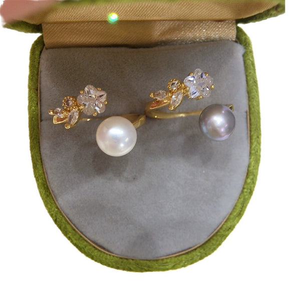 Freshwater Pearl Copper Ring With Floret Zircon And Flash Diamond Fashionable And Adjustable For Women