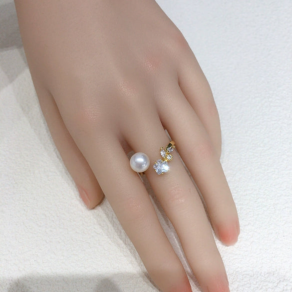 Freshwater Pearl Copper Ring With Floret Zircon And Flash Diamond Fashionable And Adjustable For Women