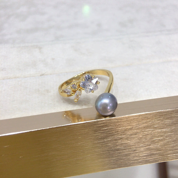 Freshwater Pearl Copper Ring With Floret Zircon And Flash Diamond Fashionable And Adjustable For Women
