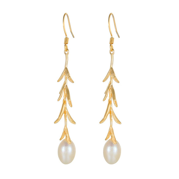 Freshwater Pearl Copper 925 Silver Goldplated Drop Shape Willow Branch Earrings For Women