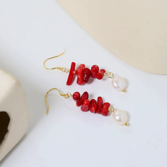 Freshwater Pearl Coral Geometric Style Electroplated String Tassel Earrings For Women