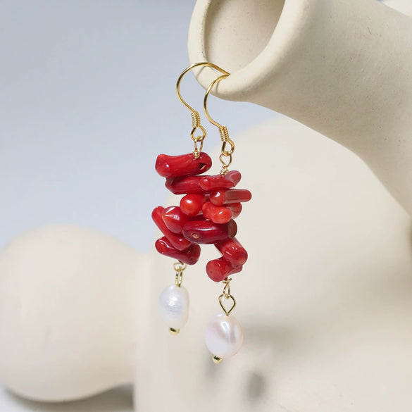 Freshwater Pearl Coral Geometric Style Electroplated String Tassel Earrings For Women
