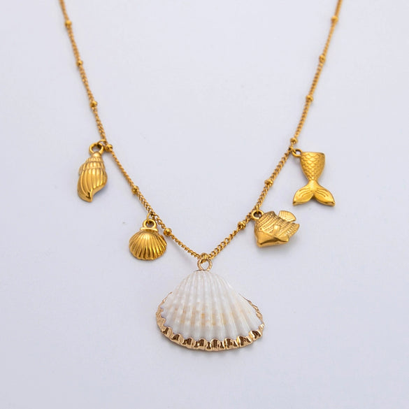 Freshwater Pearl Earrings And Marine Elements Starfish Conch Necklace In Stainless Steel With Electroplated 18K Real Gold Opening Ring For Women
