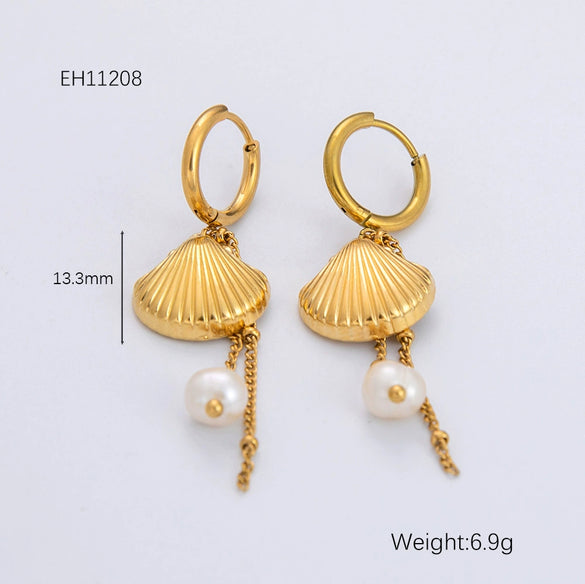 Freshwater Pearl Earrings And Marine Elements Starfish Conch Necklace In Stainless Steel With Electroplated 18K Real Gold Opening Ring For Women