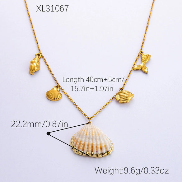 Freshwater Pearl Earrings And Marine Elements Starfish Conch Necklace In Stainless Steel With Electroplated 18K Real Gold Opening Ring For Women