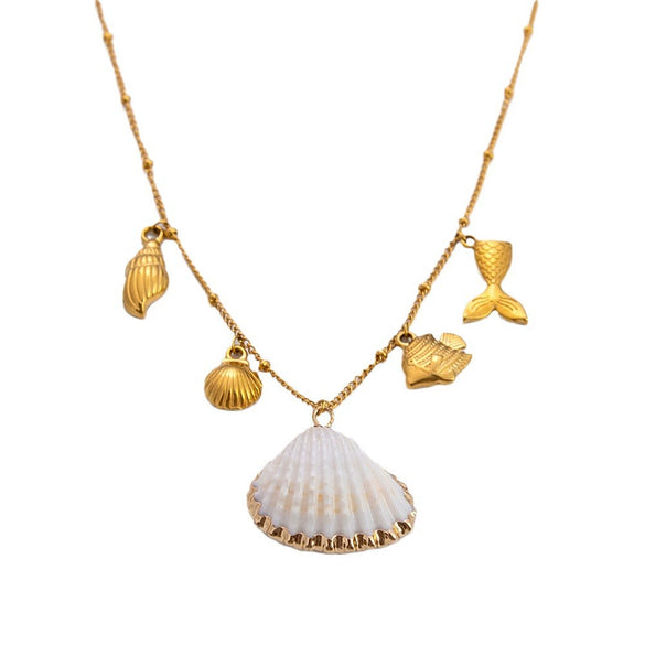 Freshwater Pearl Earrings And Marine Elements Starfish Conch Necklace In Stainless Steel With Electroplated 18K Real Gold Opening Ring For Women