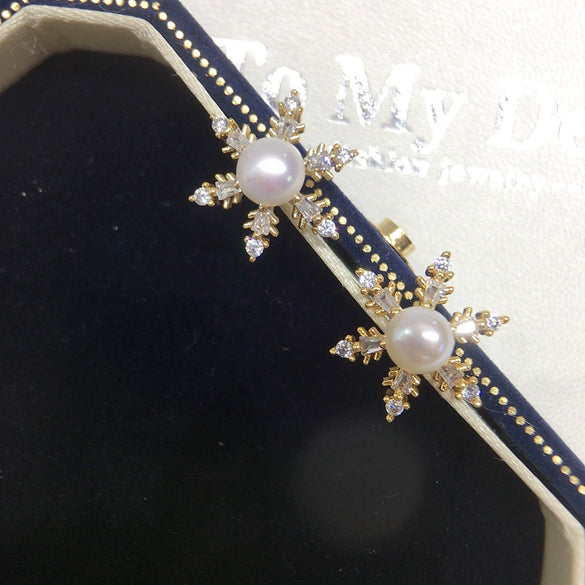 Freshwater Pearl Earrings For Women Alloy Inlaid With Artificial Gemstones And Semiprecious Stones Snowflake Zircon Design Oblate Round Shape