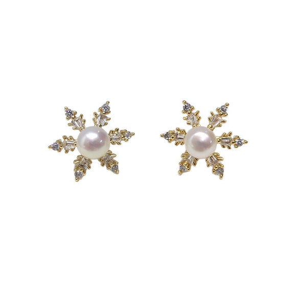 Freshwater Pearl Earrings For Women Alloy Inlaid With Artificial Gemstones And Semiprecious Stones Snowflake Zircon Design Oblate Round Shape