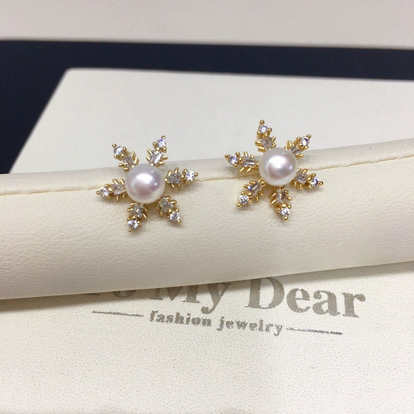 Freshwater Pearl Earrings For Women Alloy Inlaid With Artificial Gemstones And Semiprecious Stones Snowflake Zircon Design Oblate Round Shape