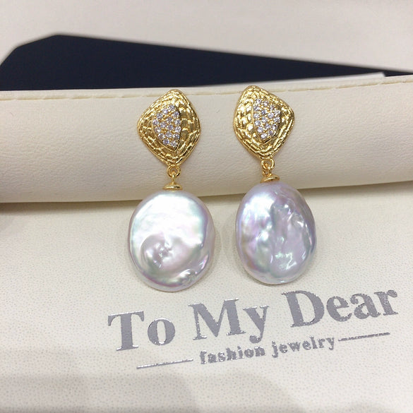 Freshwater Pearl Earrings For Women Alloy Inlaid With Gemstones Alien Shape Baroque Style