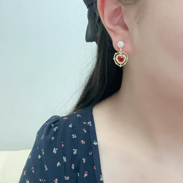 Freshwater Pearl Earrings For Women Alloy Inlaid With Gemstones Heartshaped Natural Pearl Jewelry