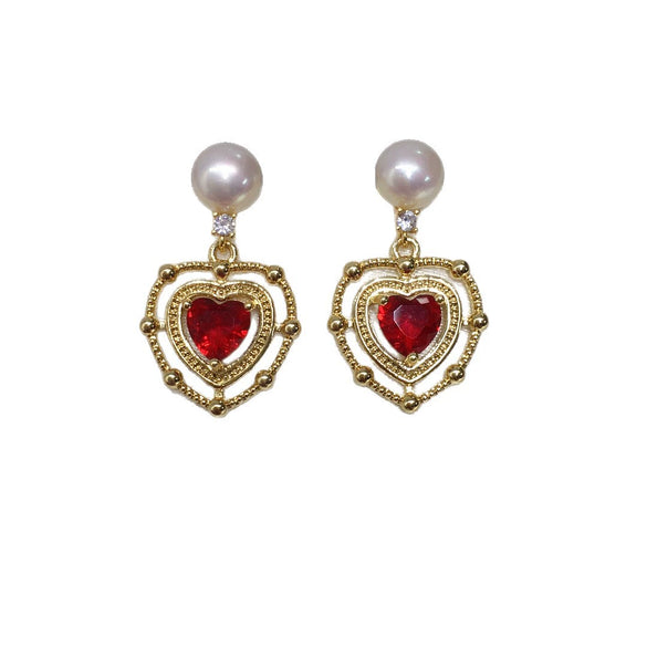 Freshwater Pearl Earrings For Women Alloy Inlaid With Gemstones Heartshaped Natural Pearl Jewelry