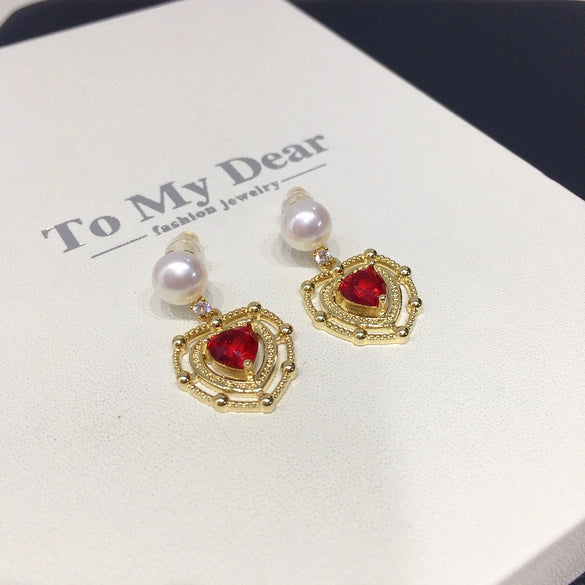 Freshwater Pearl Earrings For Women Alloy Inlaid With Gemstones Heartshaped Natural Pearl Jewelry
