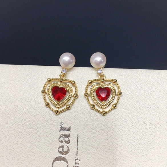 Freshwater Pearl Earrings For Women Alloy Inlaid With Gemstones Heartshaped Natural Pearl Jewelry