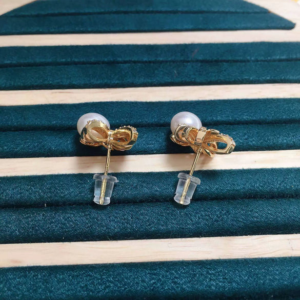 Freshwater Pearl Earrings For Women Copper Plated Gold Bow Shaped Oblate Style