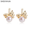 Freshwater Pearl Earrings For Women Copper Plated Gold Bow Shaped Oblate Style