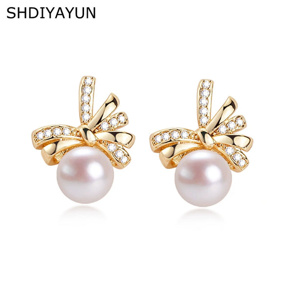 Freshwater Pearl Earrings For Women Copper Plated Gold Bow Shaped Oblate Style