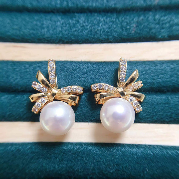 Freshwater Pearl Earrings For Women Copper Plated Gold Bow Shaped Oblate Style