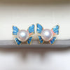 Freshwater Pearl Earrings For Women Handpainted Drip Glaze Enamel Palace Butterfly 18K Goldfilled Oblate Shape
