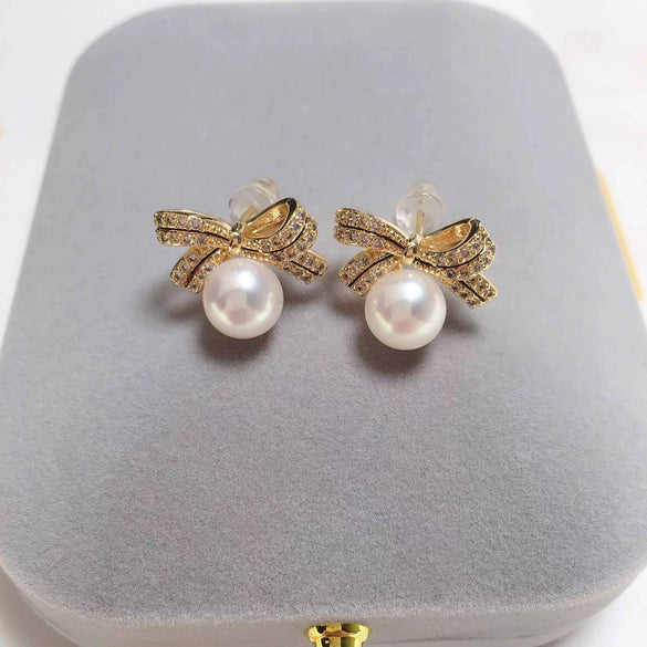 Freshwater Pearl Earrings For Women K Gold Craft Micropaved Zircon Bow Shape Alloy Inlaid With Artificial And Semiprecious Stones