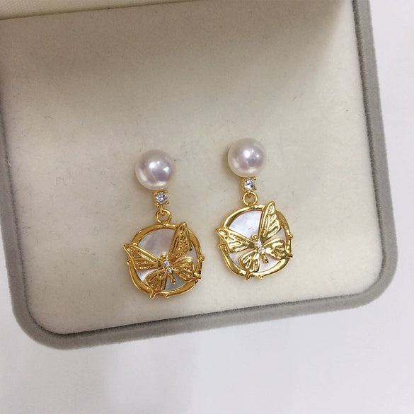 Freshwater Pearl Earrings For Women Natural Sea Shell Butterfly S925 Sterling Silver Needle Oblate Shape