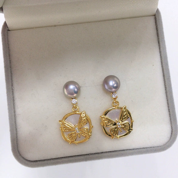 Freshwater Pearl Earrings For Women Natural Sea Shell Butterfly S925 Sterling Silver Needle Oblate Shape