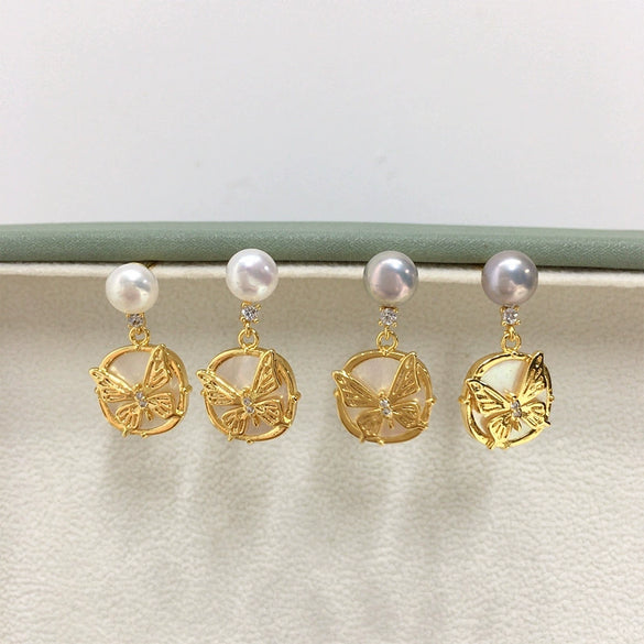 Freshwater Pearl Earrings For Women Natural Sea Shell Butterfly S925 Sterling Silver Needle Oblate Shape