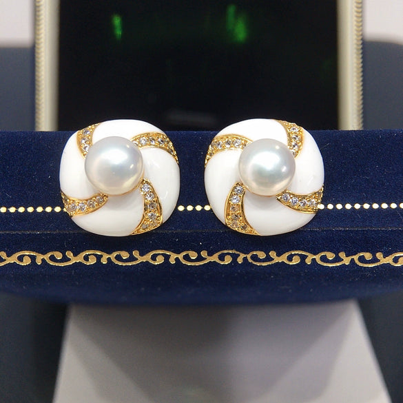Freshwater Pearl Earrings For Women Retro Style Alloy Inlaid With Artificial And Semiprecious Stones Round And Oblate Shape