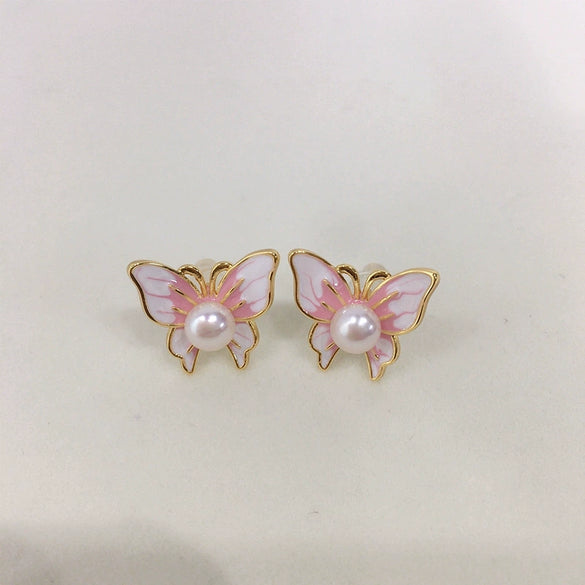 Freshwater Pearl Earrings For Women S925 Sterling Silver 18K Gold Enamel Butterfly Design Natural Pearl Oblate And Round Shape