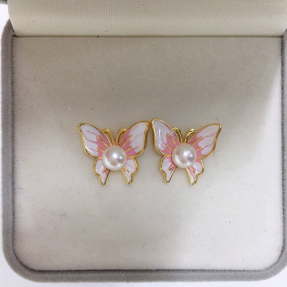 Freshwater Pearl Earrings For Women S925 Sterling Silver 18K Gold Enamel Butterfly Design Natural Pearl Oblate And Round Shape