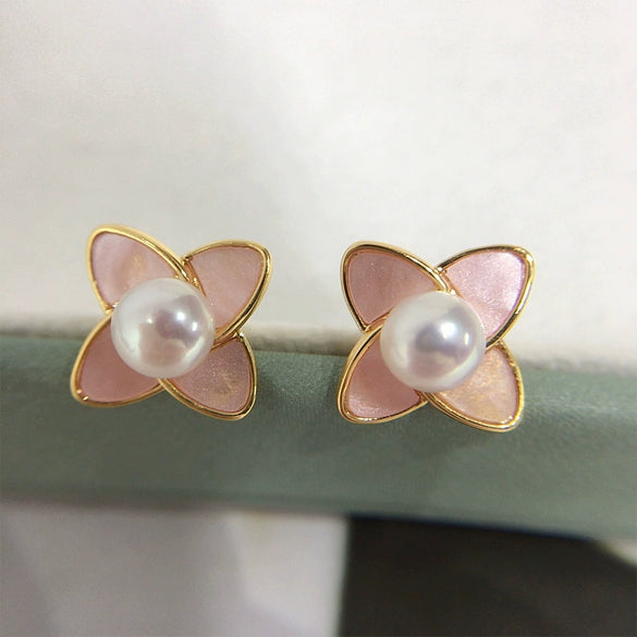 Freshwater Pearl Earrings For Women S225 Sterling Silver Needle Natural Pink Flower Design Oblate Shape