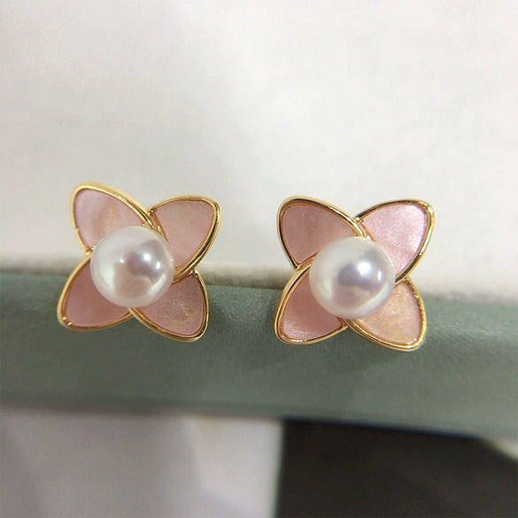 Freshwater Pearl Earrings For Women S225 Sterling Silver Needle Natural Pink Flower Design Oblate Shape