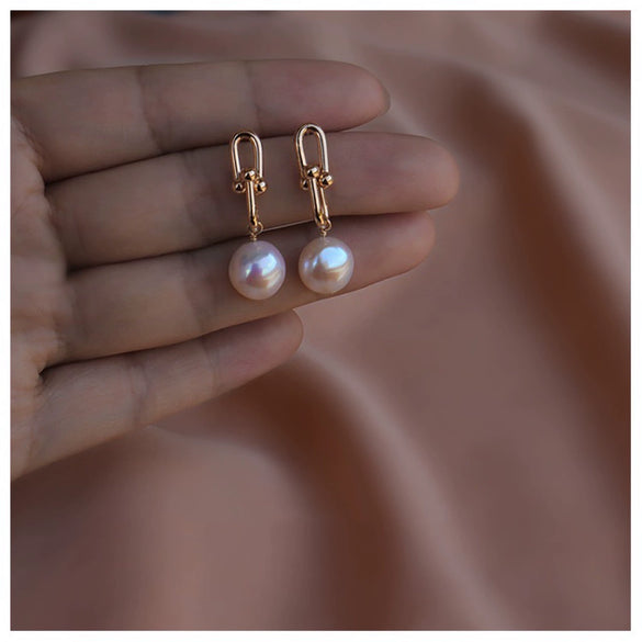 Freshwater Pearl Earrings Natural Baroque Silver Needle 14K Gold Plated Horseshoe Chain Women's Exotic Style