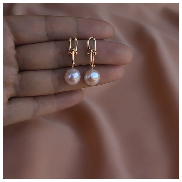 Freshwater Pearl Earrings Natural Baroque Silver Needle 14K Gold Plated Horseshoe Chain Women's Exotic Style