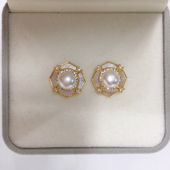 Freshwater Pearl Earrings Natural Sea Shell Pearl S925 Sterling Silver Needle Oblate For Women