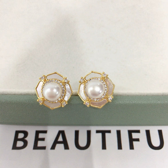 Freshwater Pearl Earrings Natural Sea Shell Pearl S925 Sterling Silver Needle Oblate For Women