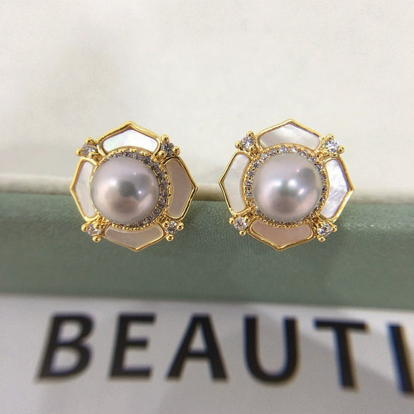 Freshwater Pearl Earrings Natural Sea Shell Pearl S925 Sterling Silver Needle Oblate For Women