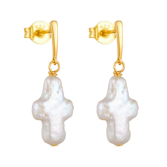 Freshwater Pearl Earrings S925 Sterling Silver Geometric Baroque Shaped Inlaid With Pearls