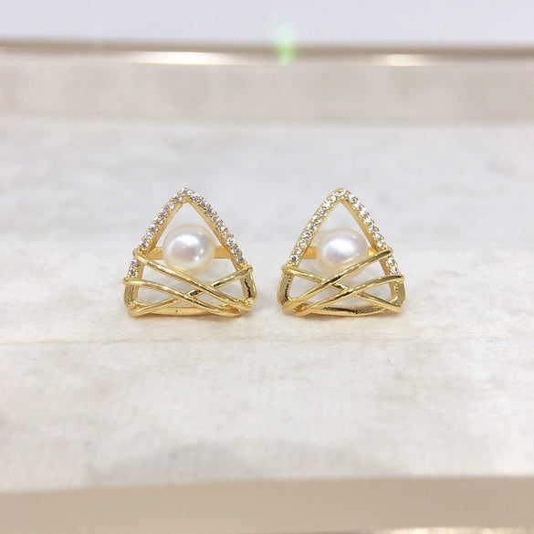 Freshwater Pearl Earrings S925 Sterling Silver Geometric Triangle Fashion For Women