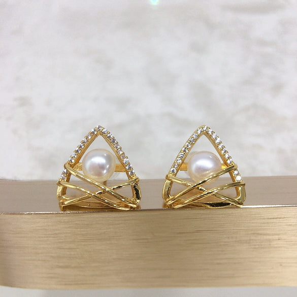 Freshwater Pearl Earrings S925 Sterling Silver Geometric Triangle Fashion For Women