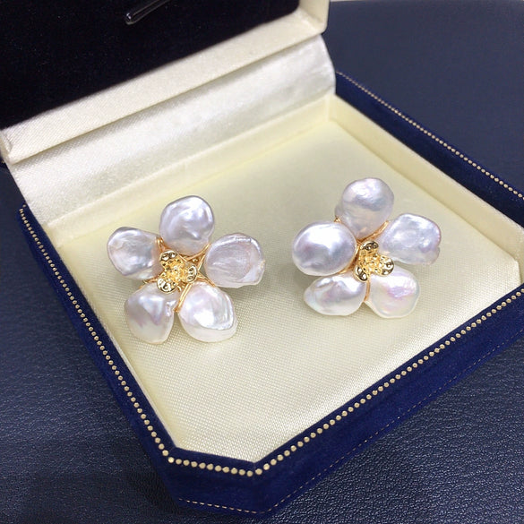 Freshwater Pearl Earrings S925 Sterling Silver Petal Baroque Alien Shape Women's Fashion