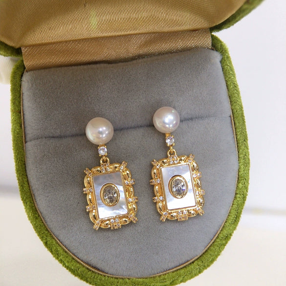 Freshwater Pearl Earrings S925 Sterling Silver Square Sea Shell Female