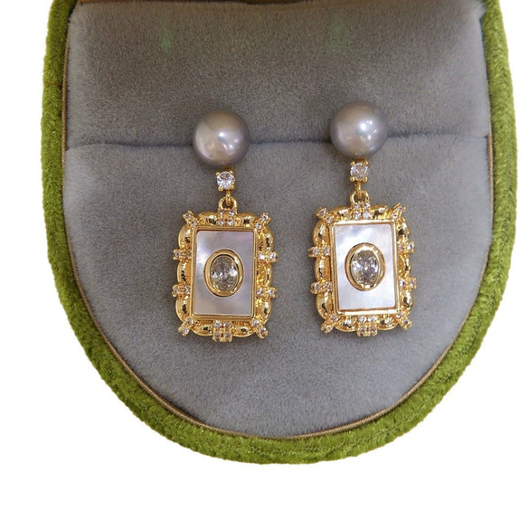 Freshwater Pearl Earrings S925 Sterling Silver Square Sea Shell Female