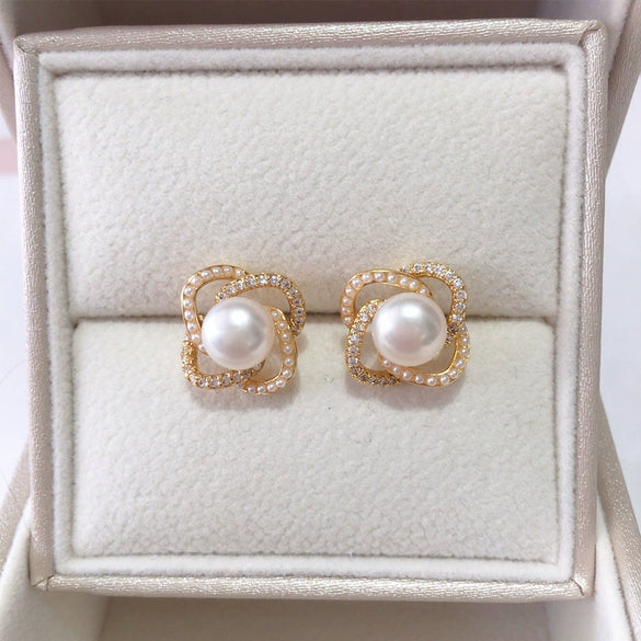 Freshwater Pearl Earrings S925 Sterling Silver Women's Round Oblate Style