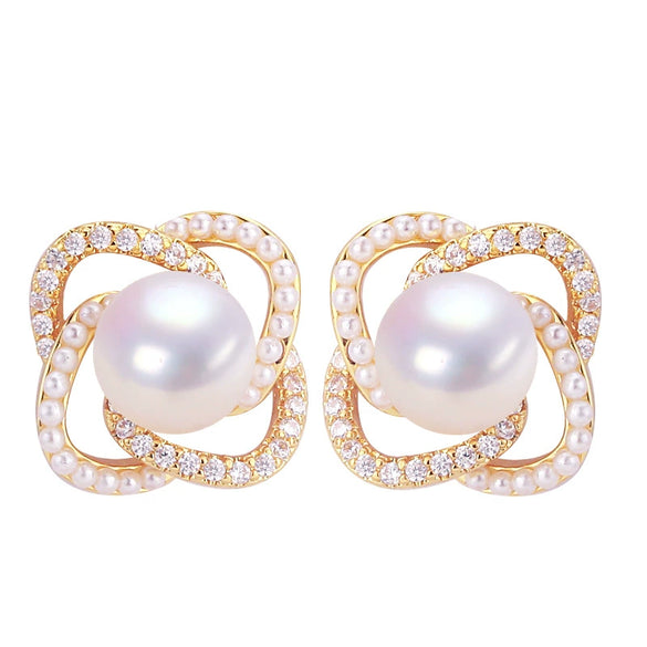 Freshwater Pearl Earrings S925 Sterling Silver Women's Round Oblate Style