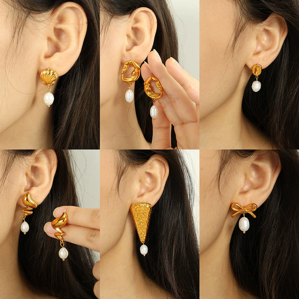 Freshwater Pearl Earrings Spiral Bow Electroplating Women's Light Luxury Natural Style